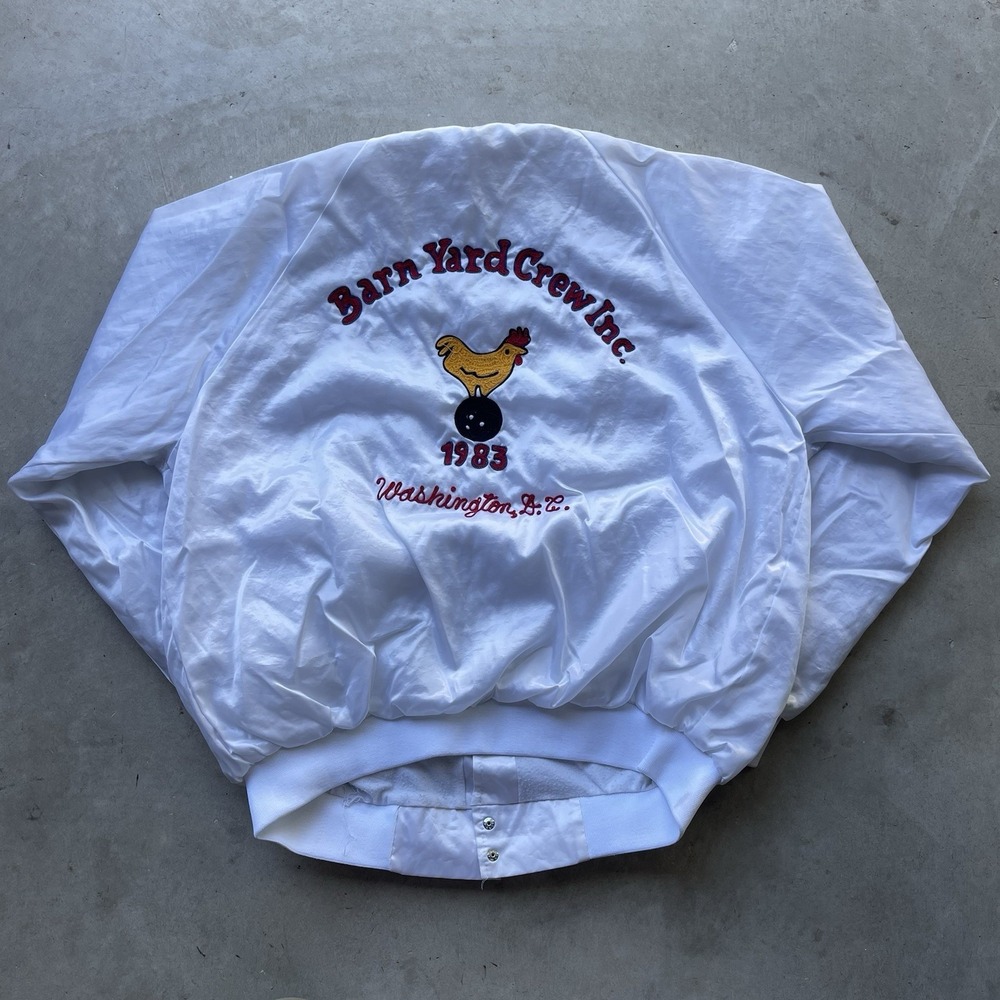 Vintage 1983 Barn Yard Crew Chain Stitch Bowling Jacket Rooster Satin USA‎ 2XL